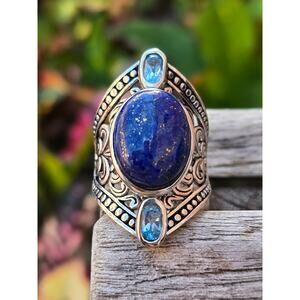 Vintage CFJ Thailand 925 Sterling Silver Lapis & Topaz Filigree Statement Ring 8